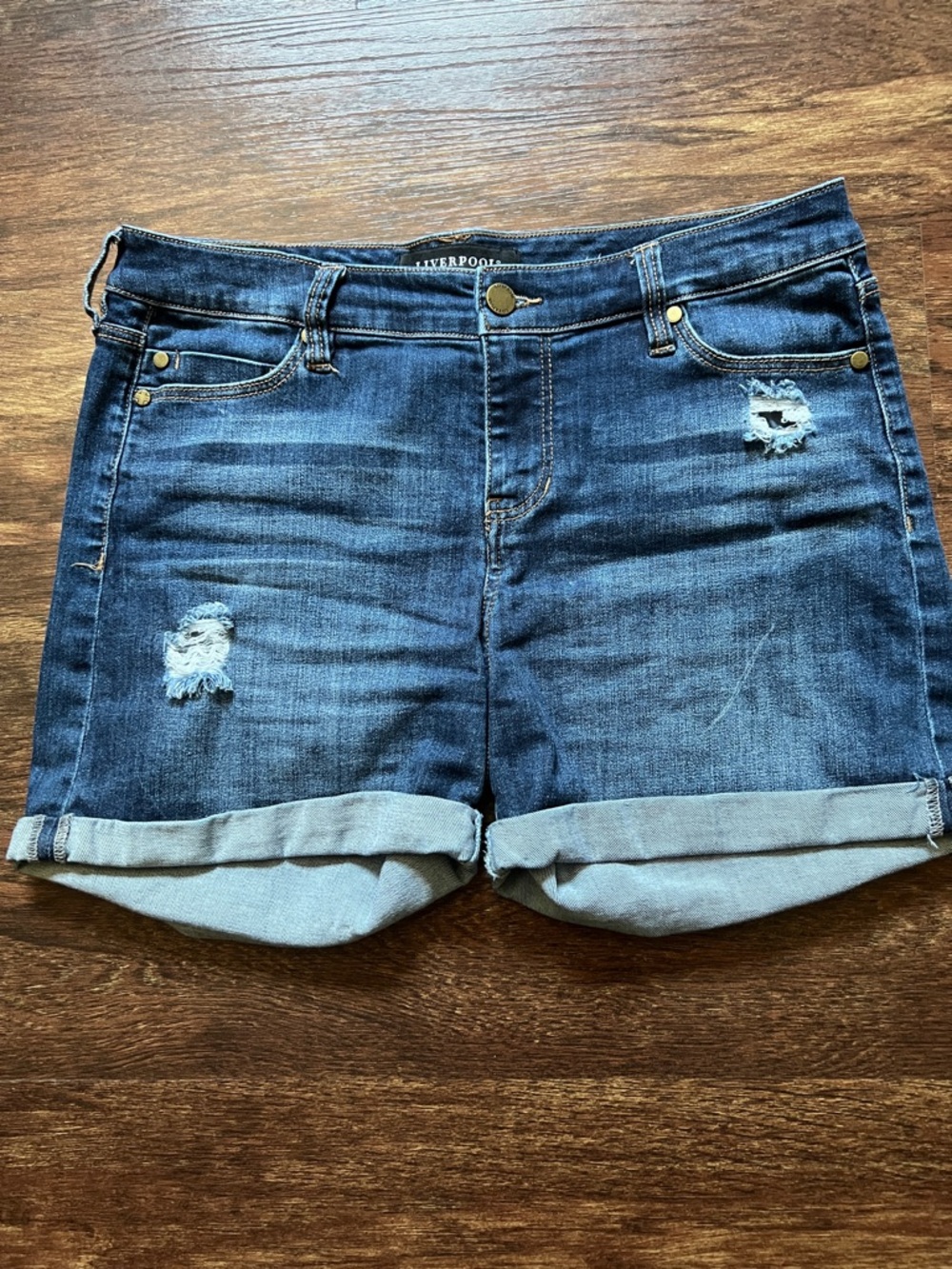 Liverpool Distressed Rolled Cuff Denim Shorts - Dark Blue
